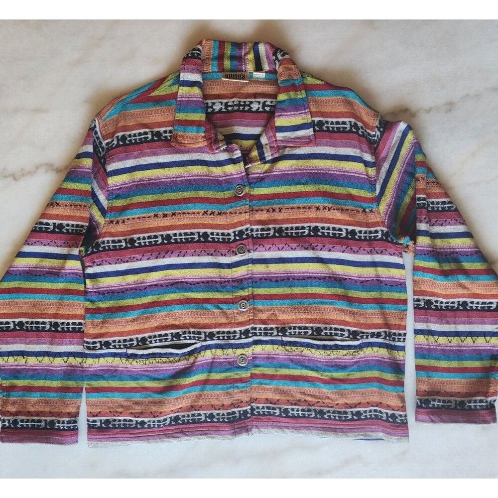 Chico’s Design Women's Serape Striped Jacket Sz 3 Colorful Boho Festival Aztec
